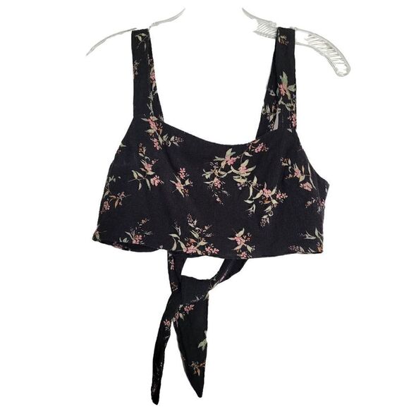 Black Floral Tie Back Crop Tank - Picture 1 of 4